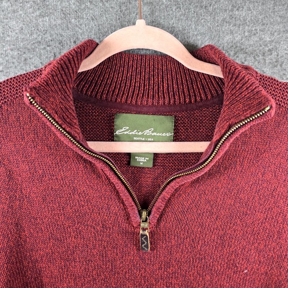 Eddie‎ Bauer Men M Red Burgundy Heather Pullover Sweater Quarter Zip Leather Zip - Picture 3 of 12
